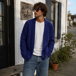 Aran Crafts Ireland XXL Merino Wool Cardigan Blue Cable Knit Open Front Unisex